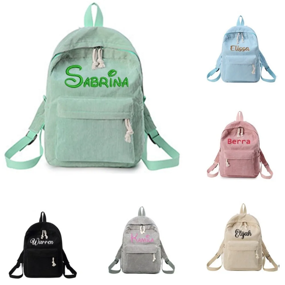 Embroidered Name Child Corduroy Backpack Kids School Bag Personalized Toddler Schoolbag Birthday Gift Laptop Bag Back to School