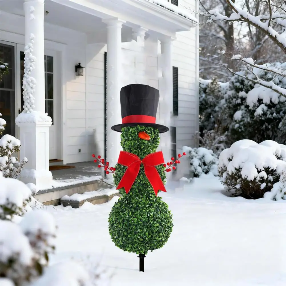 Three-ball Boxwood Tree Christmas Snowman Topiary Tree 31 with Bow Santa Hat Artificial Faux Boxwood Triple Ball for Porch