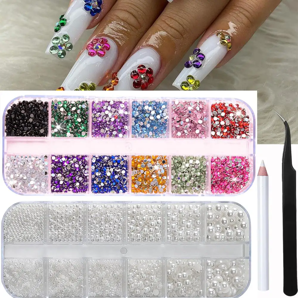 2 boîtes de strass colorés 3D pour Nail Art, demi-cercle/perles rondes, breloques pour ongles avec 1 stylo à empicoler et pince à dos plat, accessoire pour ongles