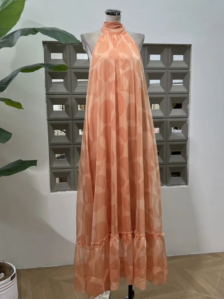 Sukienka damska DFDG na sezon resort 2025, zwiewna, z dekoltem typu halter, bez pleców, bez rękawów, z falbanami, warstwowa, długa, codzienna, w stylu boho, idealna na wakacje na plaży.