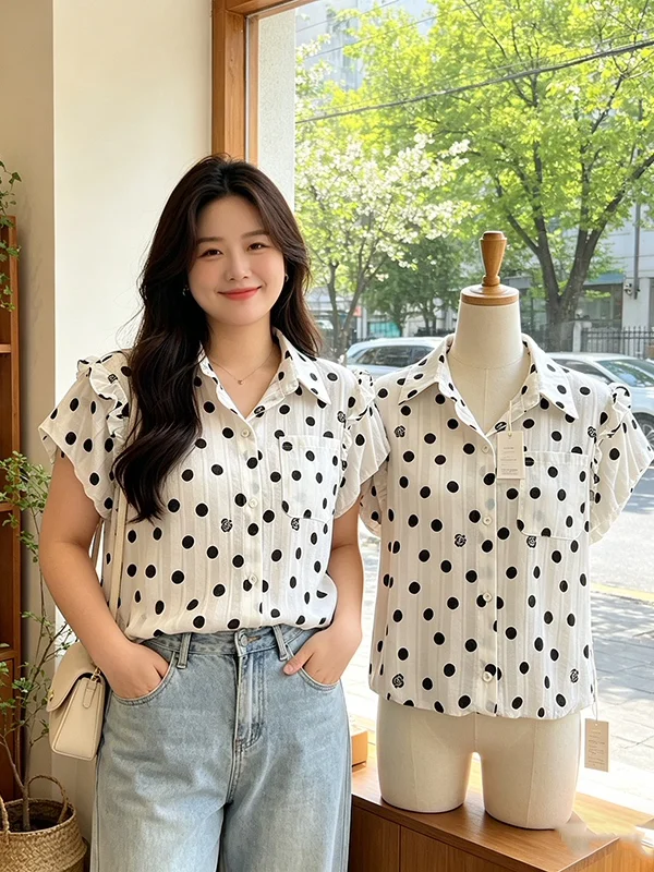 plus Size Women's Summer 2026 Fashion Polka Dot Loose Short Sleeve Shirt Cover Belly Slimming Korean Style Casual Top