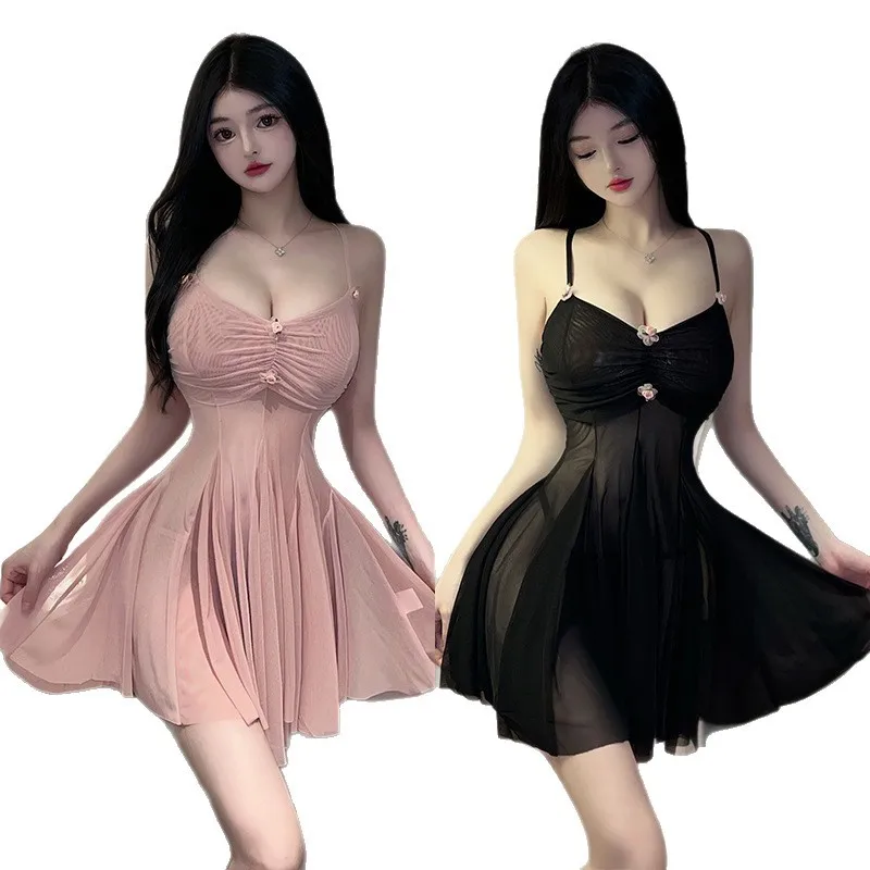 Lingerie Dress Strap Tight Deep V-Bow Mesh Long Dress Sexy Outfits Adult Sexy Clothing Crossdress Sexy Costume