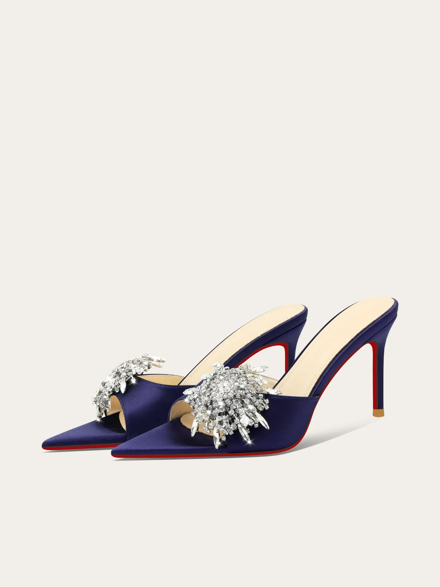 

New light luxury navy blue crystal flower pointed toe exposed temperament sandals for women, one-piece slippers for outdoor wear