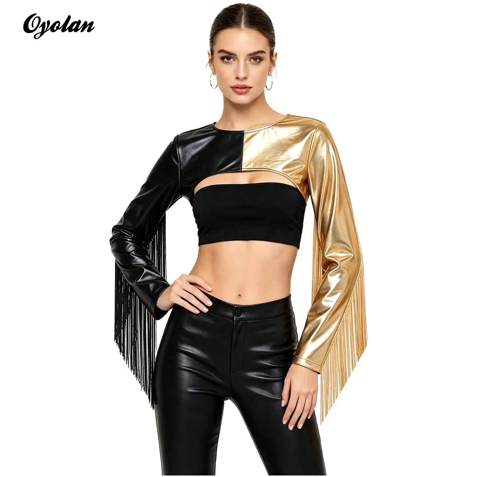 Womens Metallic Fringe Sleeve Shrug Cropped Bolero Top Long Sleeve Tassel Crew Neck Crop T-shirt Bar Disco Jazz Dance Costume