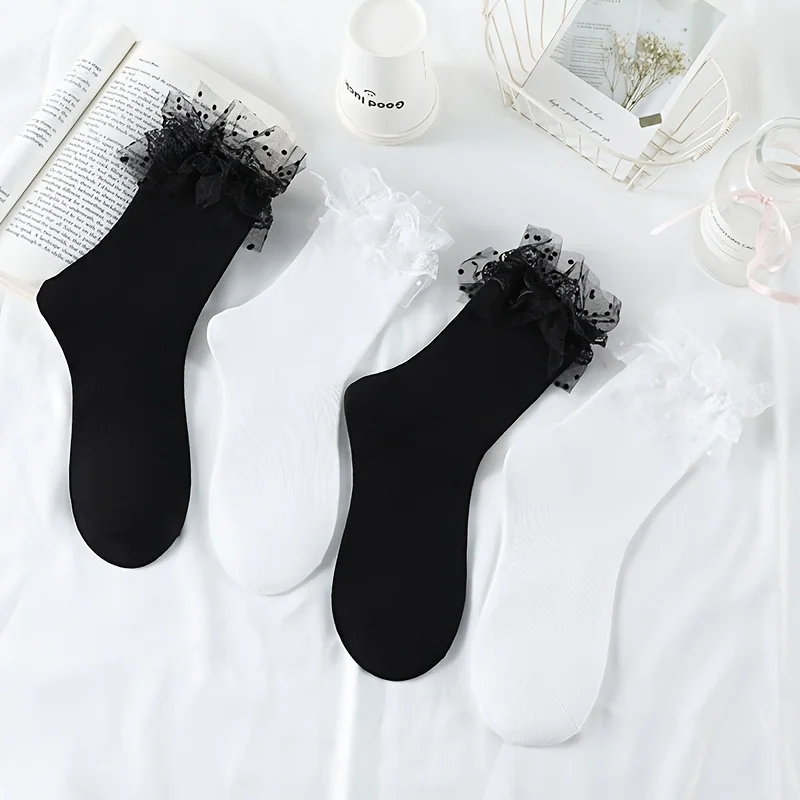 1 Paar Damen-Spitzen-Lolita-Plüschsocken mit doppelter Spitze