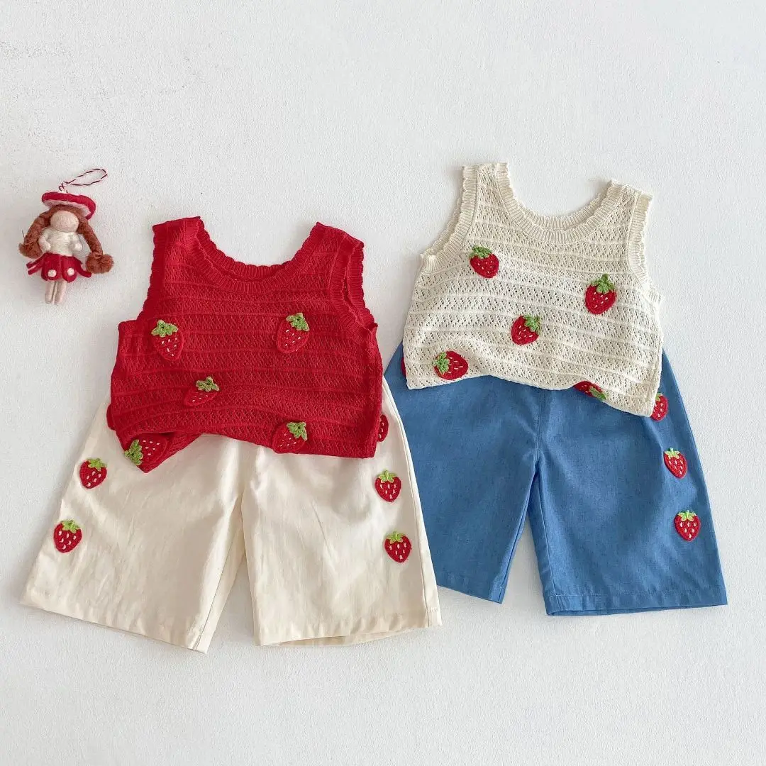 2026 Summer Kids Clothing Set Strawberry Vest And Wide Leg Pants 2 Pcs Girls Suit Girls Clothes Suit