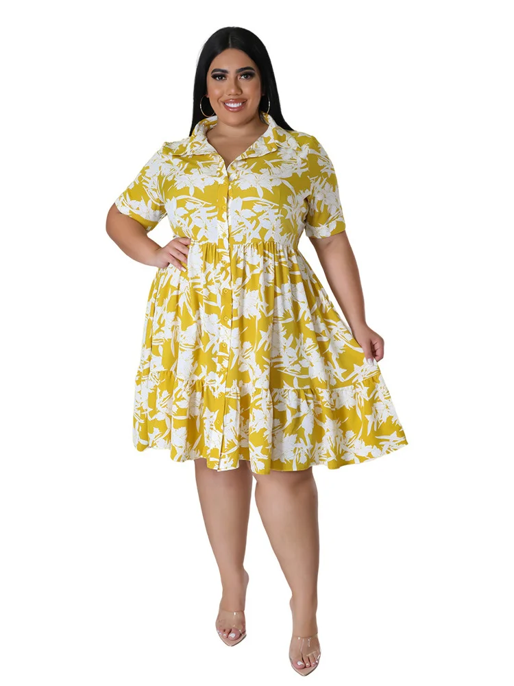 Wmstar Plus Size Dresses for Women Flower Print Big Hem Cute Elegant Birthday Midi Dress Loose Clothes Wholesale Dropshipping