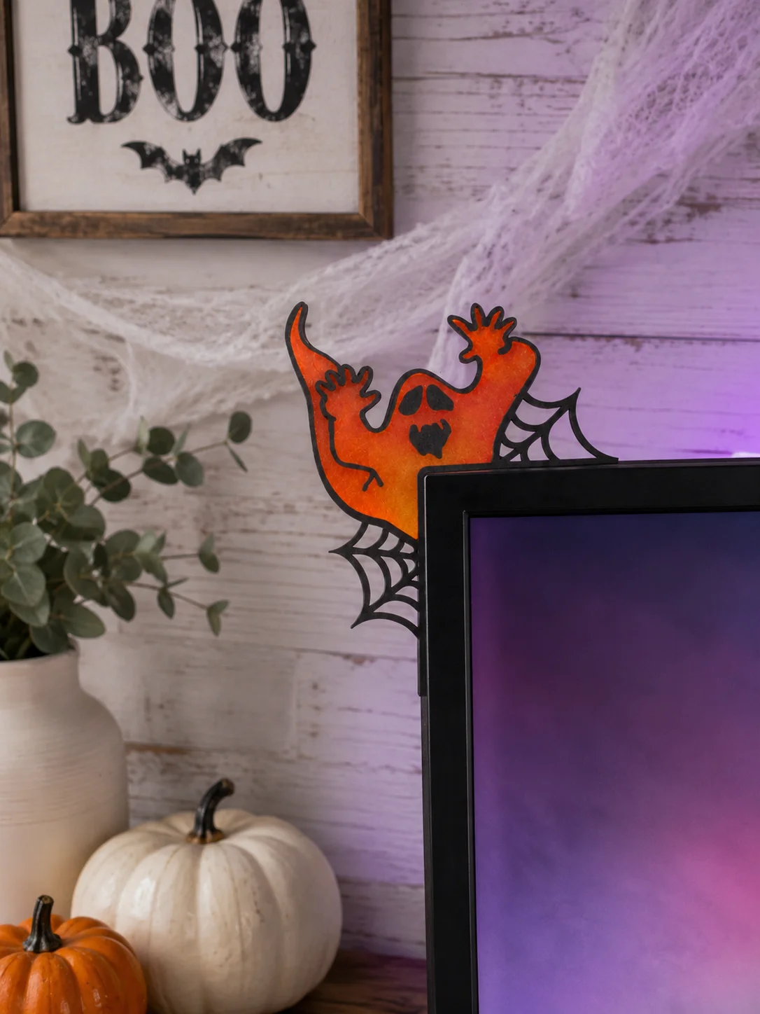 Halloween Monitor Corner Decor Ghost Bat Blood Moon Spider Web Ornament Spooky Home Desk PC Screen Edge Hanging Sign Party Gift