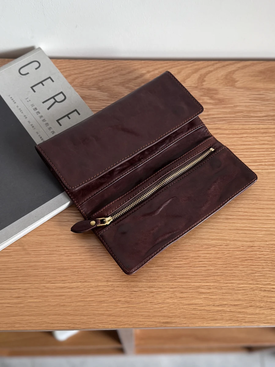 محفظة طويلة فاخرة من الطبقة الأولى من جلد البقر عالية الجودة محافظ ريترو متجعدة من جلد البقر حقيبة بطاقات الائتمان للجنسين