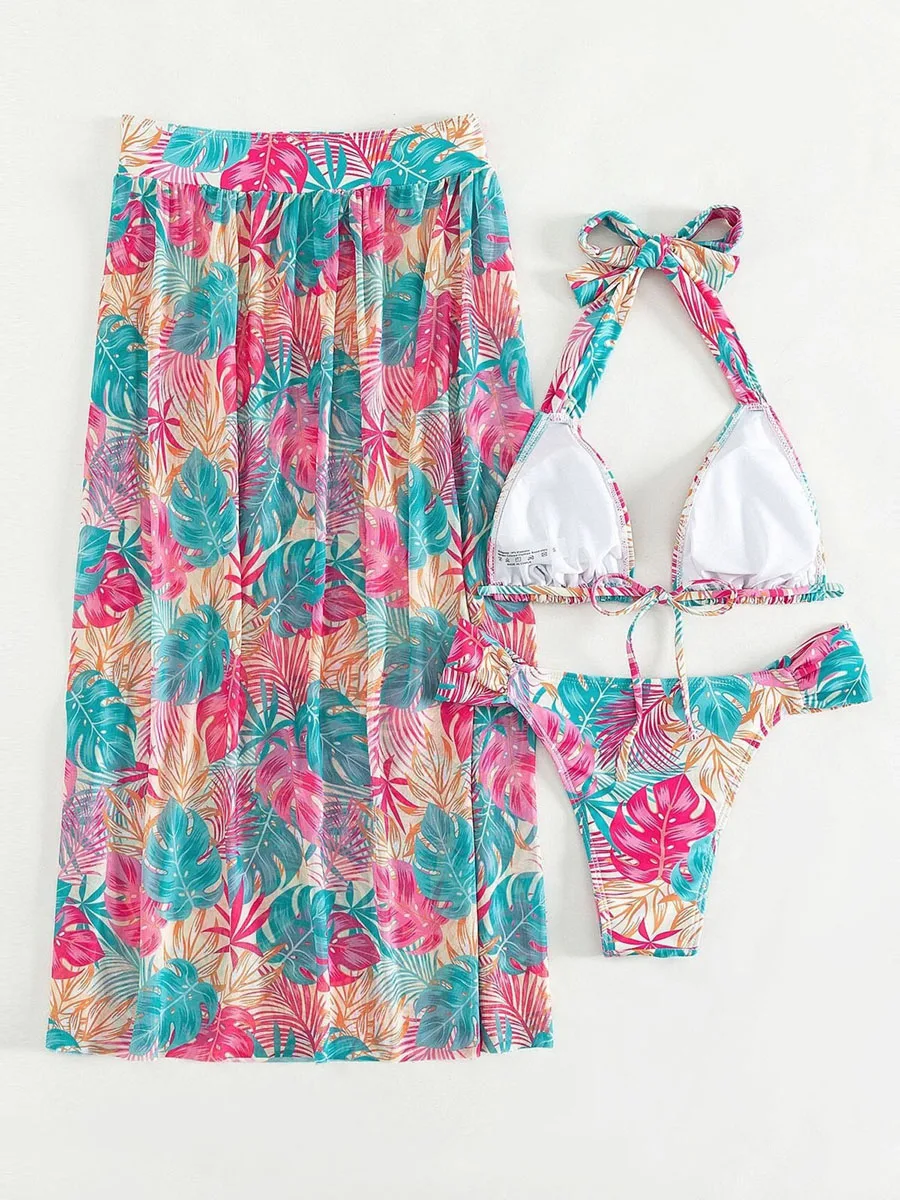 Women's 3 Piece Swimsuit Set, Leaf Print Tie Up Halter Neck Bathing Suit Tops Shorts Split Beach Cover Up Skirt