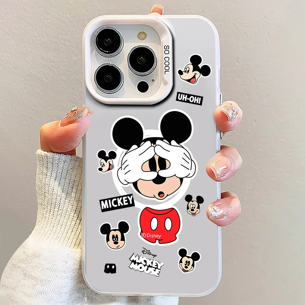 MINISO Cute M-Mickey Mouse Laser Phone Case for iPhone 12 11 13 14 15 16 Max Pro Plus IMD Shockproof Silicone Coque