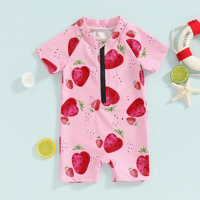 

Baby Girl Swimwear Summer Strawberry Print Short Sleeves Swimsuits for Toddler Bathing Suits Beachwear