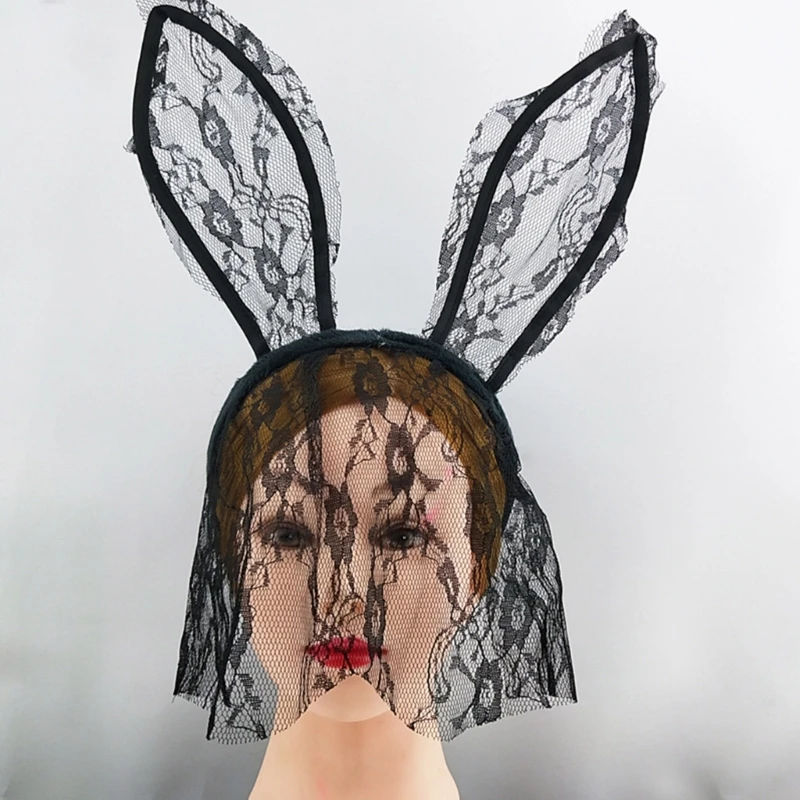 Buigbare Schattige Konijn Oor Hoofdband Met Kant Sluier Voor Kostuum Partij Bunny Thema Photo Props Voor Meisjes Tieners Hoofddeksel