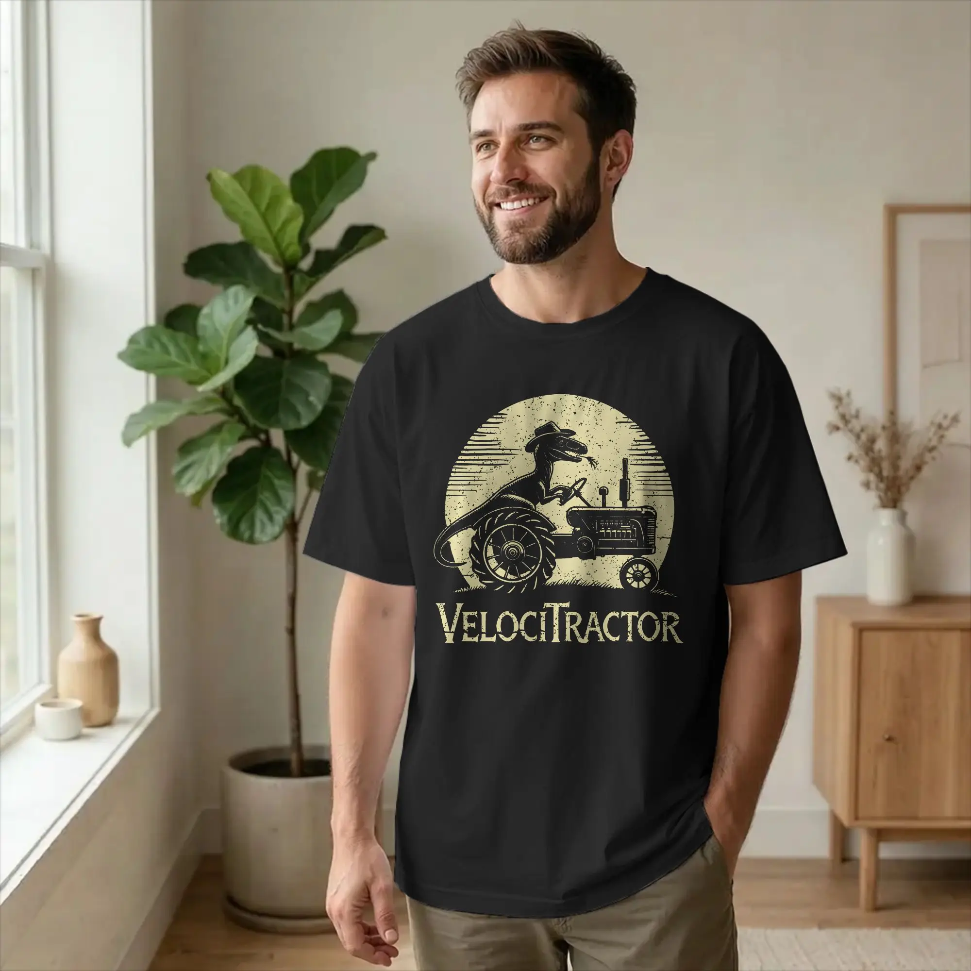 Men T-Shirt VelociTractor Velociraptor Tractor Funny Cotton Tees Short Sleeve Farm Boss Dino  T Shirt Round Neck merch Adult
