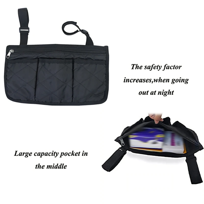 Wheelchair Armrest Storage Bag, Side Bags To Hang On Side With Waterproof Black Walker Storage Pouches For Baby Cart