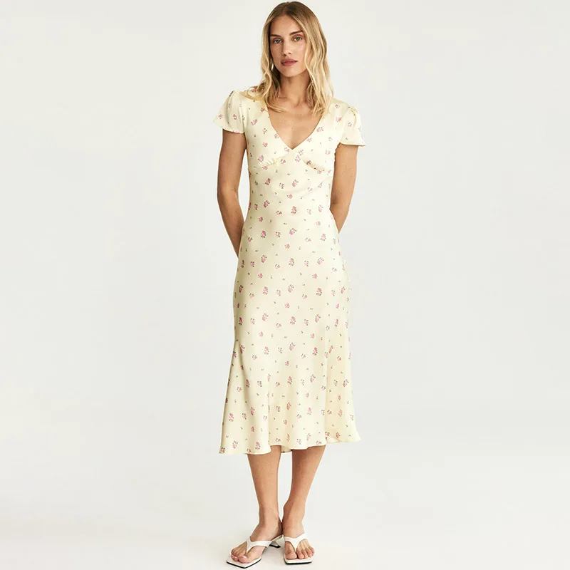 Ticketsx Sexy V Neck Long Dress Women's Short Sleeve Floral Print Waist-Cinching Dress Female Casual Vacation Elegant Slim Dress