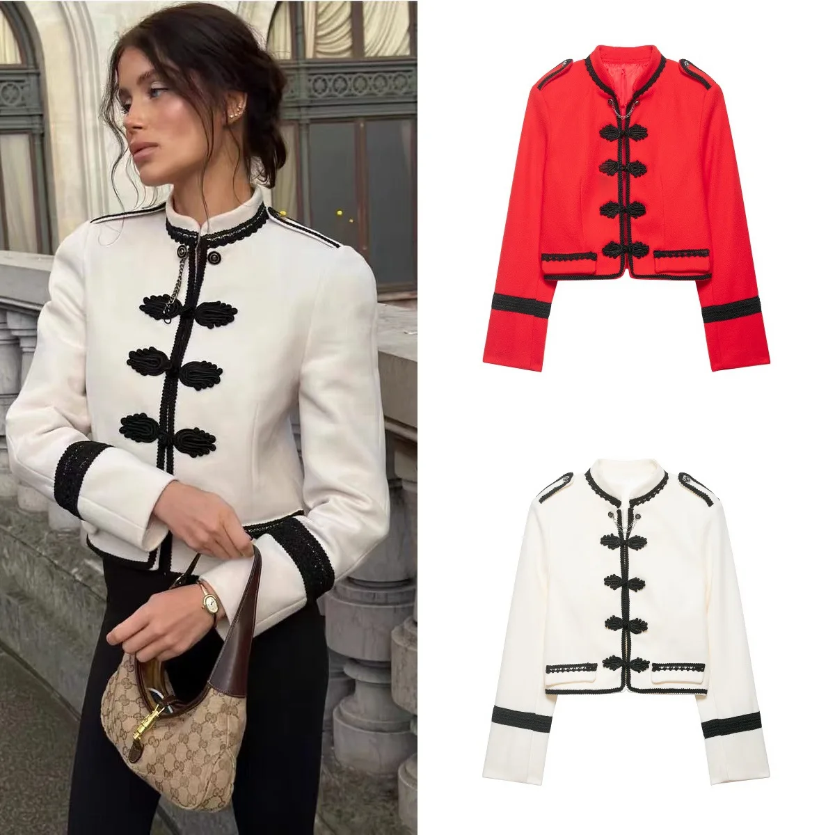 

Jacket Coat Women Spring Summer Neoprene Mandarin Collar Shoulder Strap Short Blazer