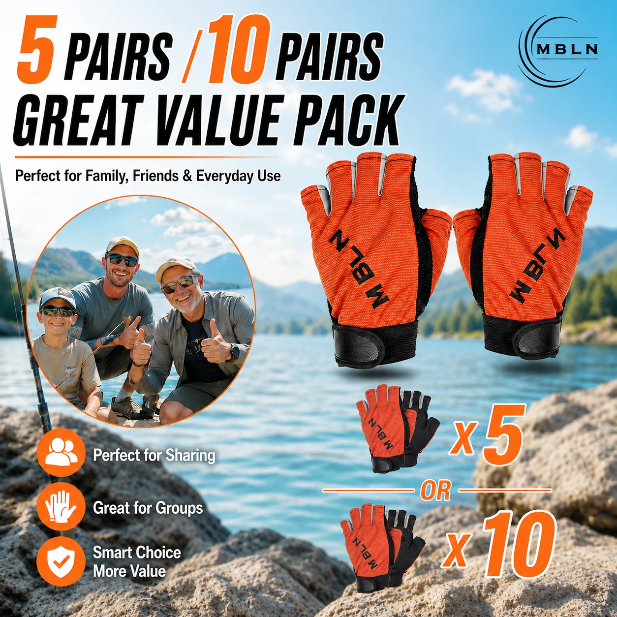 MBLN Wholesale 5/10 Pairs Fingerless Fishing Gloves for Men & Women, Bulk Pack Lightweight Breathable Anti-Slip Gloves