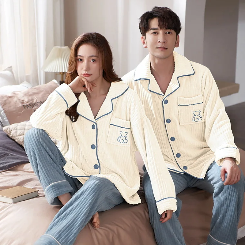 Autumn and Winter Coral Fleece Couple Pajamas Korean Fashion Cardigans Men's Loungewear Women's Thermal Flannel Pijamas Freeship