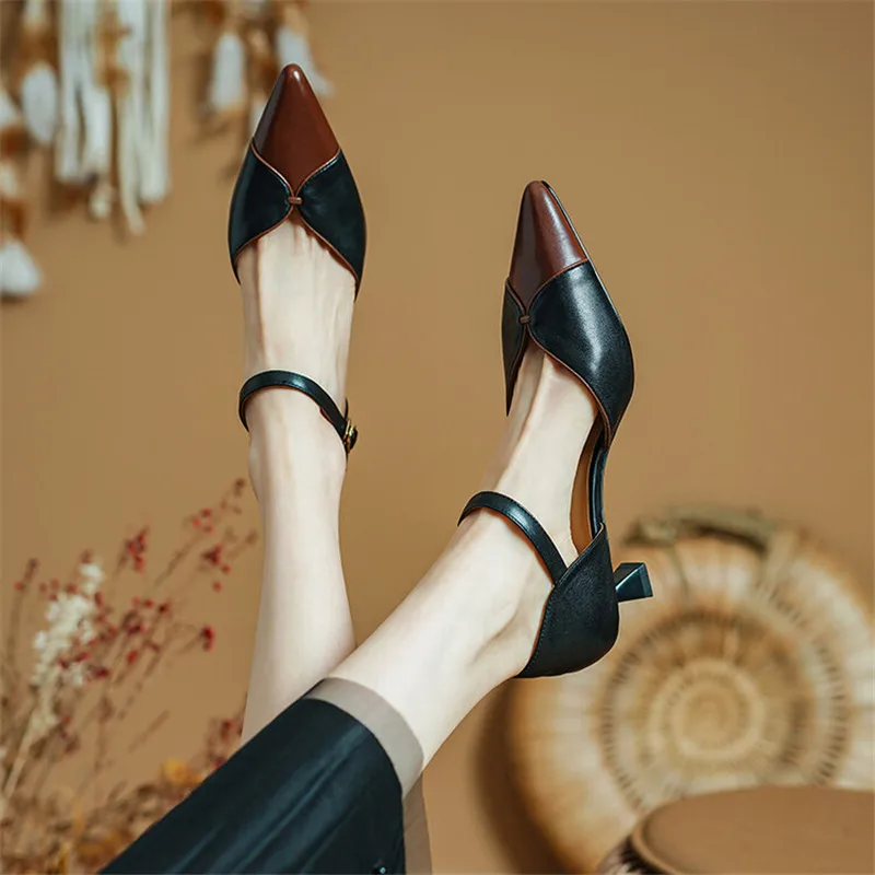 Genuine Leather Summer Sandals Pointed Toe High Heels Sandals for Women Zapatos Mujer Mixed Color Cover Toe Sandals Ladies Shoes