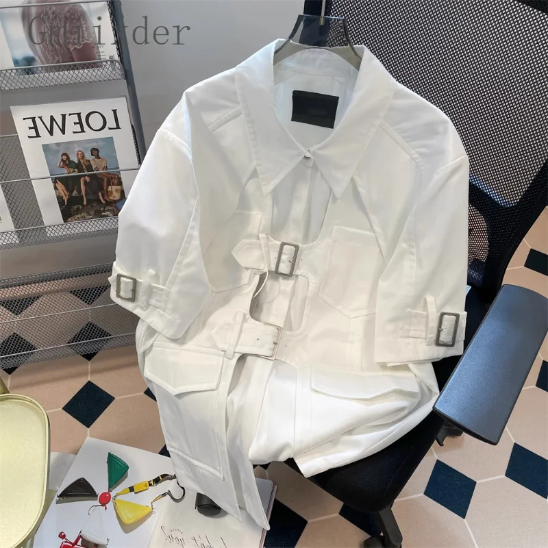 

American Functional Workwear Short Sleeved Shirt for Men Women Summer Bf Hong Kong Style Blouse High Street Cool Jacket