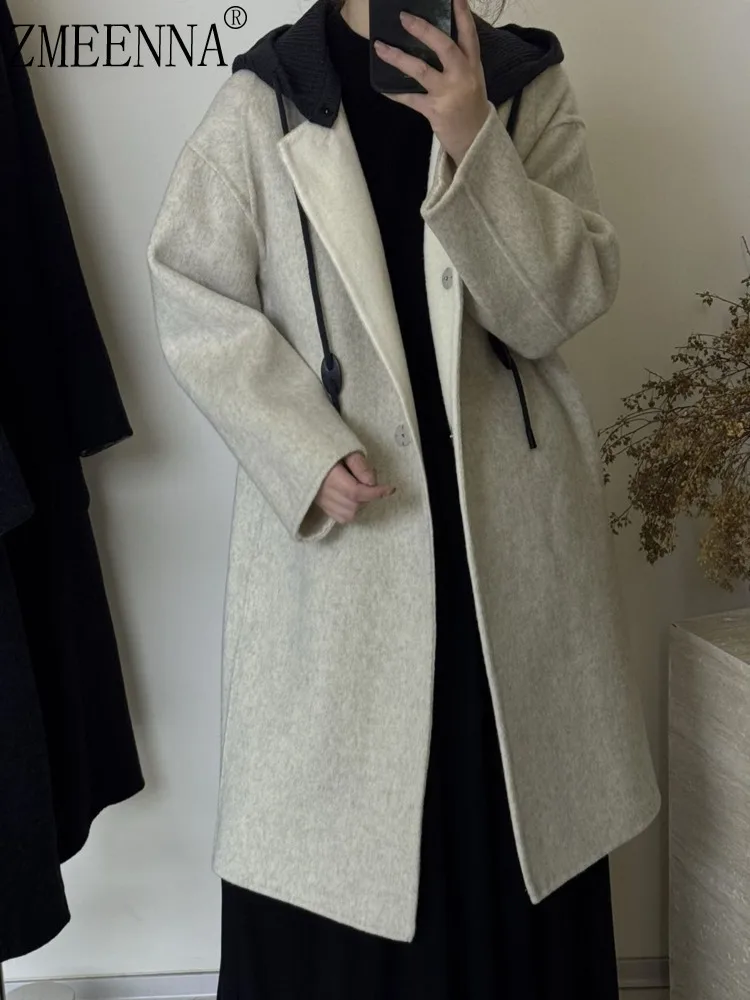 

ZMEENNA Women's Wool Blend Long Coat With Contrast Ribbed Hood And Lapel Collar Single Button Winter Jacket Casual ZM3623