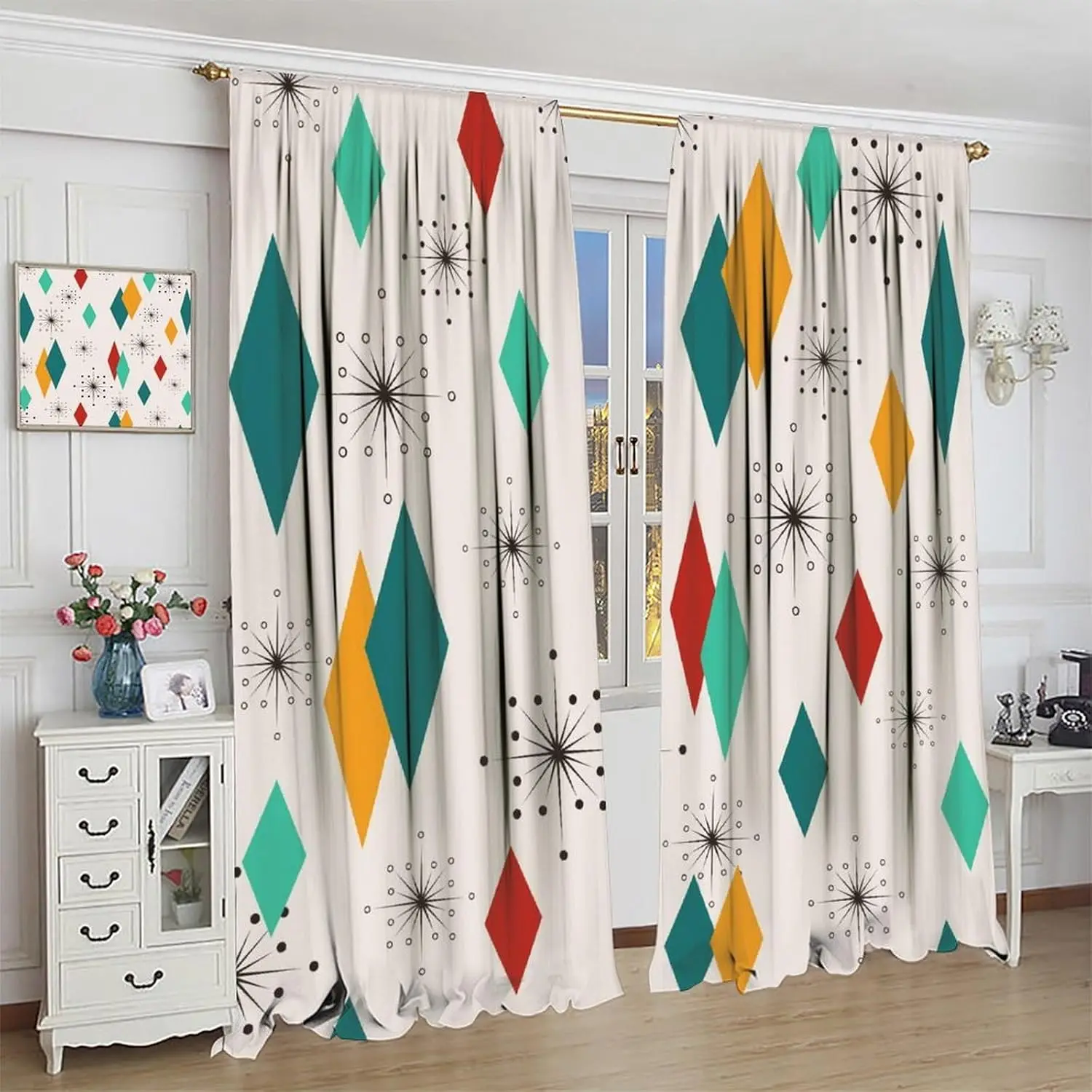 Mid Century Curtains,Modern Diamond Pattern Print Window Treatments for Living Room Bedroom Nursery Kitchen, Absctract Geometric