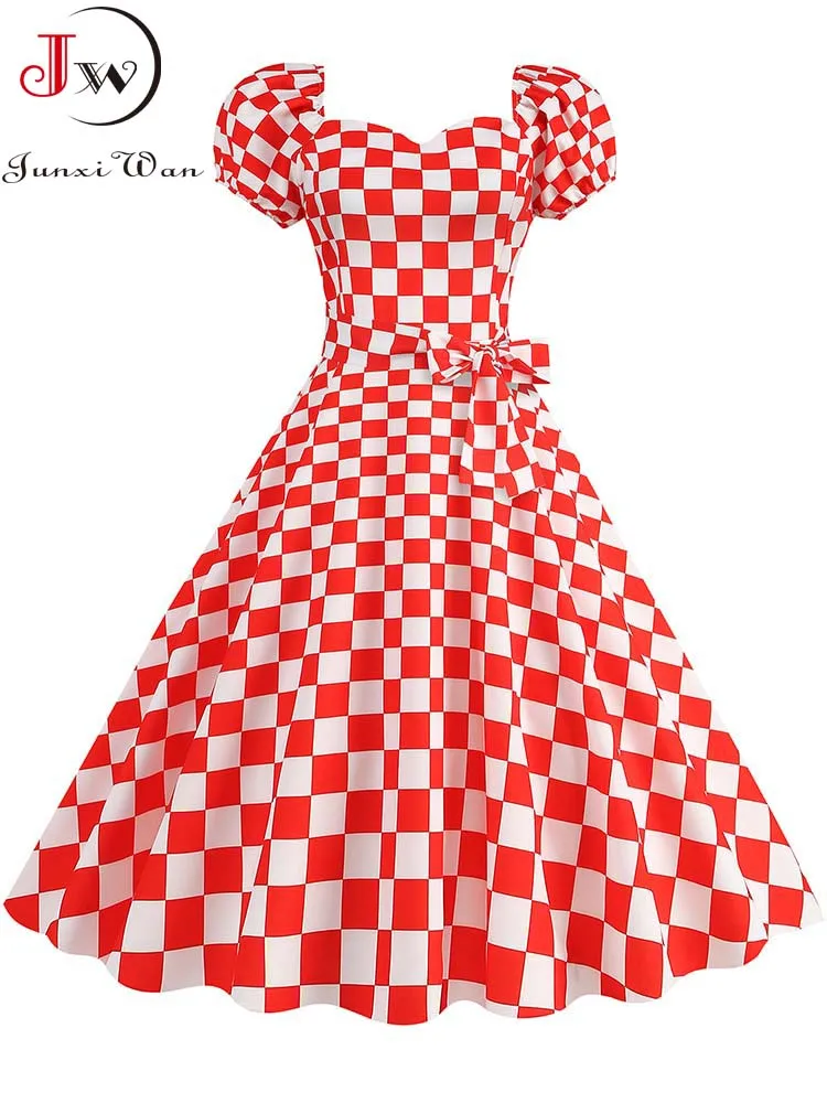 

Plaid Women Retro Dress Puff Short Sleeve 50s Elegant Summer Polka Dot Midi Party Dresses 2024