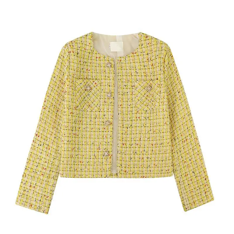 

Yellow women's tweed short jacket new 2024 spring and autumn small fragrance style top
