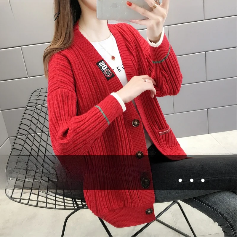 

Свободный женский вязаный открытый кардиган Верхняя одежда Весна-Осень Faion Корейский Sle Long Sve V-Ne Повседневный топ на пуговицах