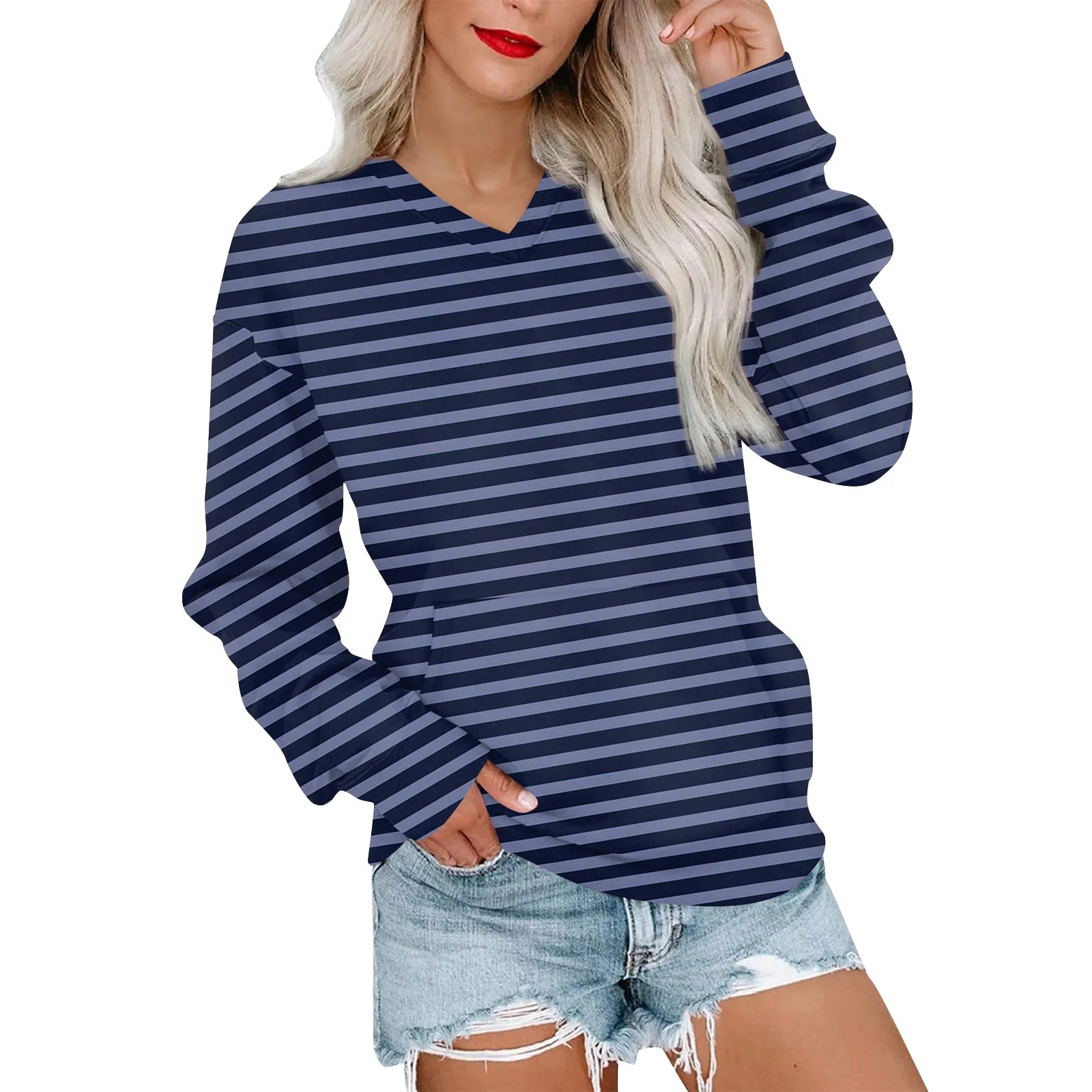 Women'S Casual Fashion Striped V-Neck Long Sleeve Sweatshirt Lightweight Pullover With Pockets Sweatshirt Winter Clothes Woman