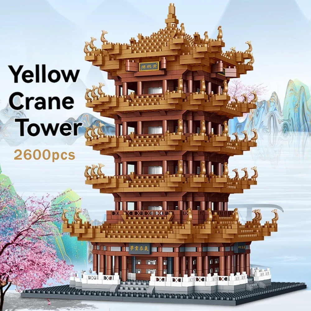 Famous Ancient Building Micro Brick Yellow Crane Tower Chinese Tower Creative Mini Building Block Model Toy Kid's Birthday Gift