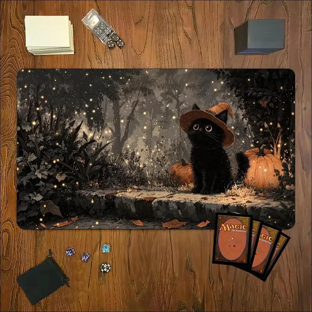 XXL Witch Cat Dark Forest TCG Halloween Firefly Night Anti-Slip Stitched Edge Vivid Print Rubber Gamer Card Tabletop Gamepad