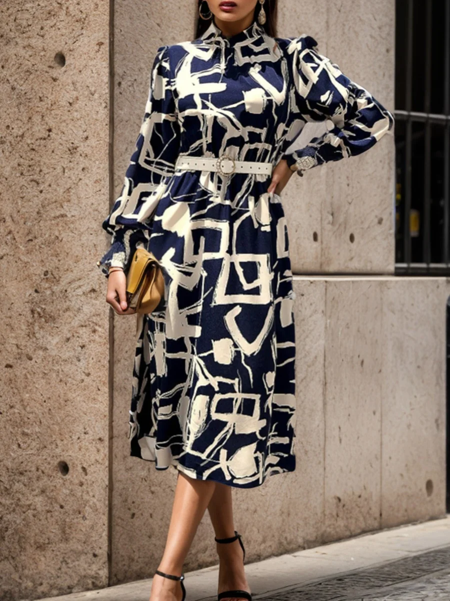 فستان ميدي نسائي بتصميم هندسي ربيعي، بأكمام طويلة وطوق قائم، من ألياف البوليستر، بخصر طبيعي وتصميم على شكل حرف H.