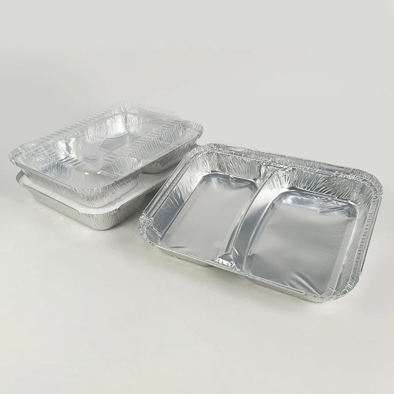 

20/50/100pcs Pack 800ml 2 Compartment Aluminum Foil Container Disposable BBQ Baking Lunch Box Takeaway Food Packaging Tray