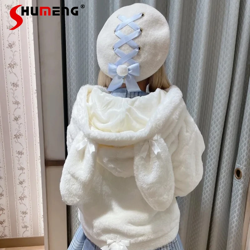 

Y2k пальто с длинными рукавами и бантом в японском стиле Rojita, черный цвет, милая мультяшная плюшевая куртка на молнии с капюшоном, милое милое женское пальто