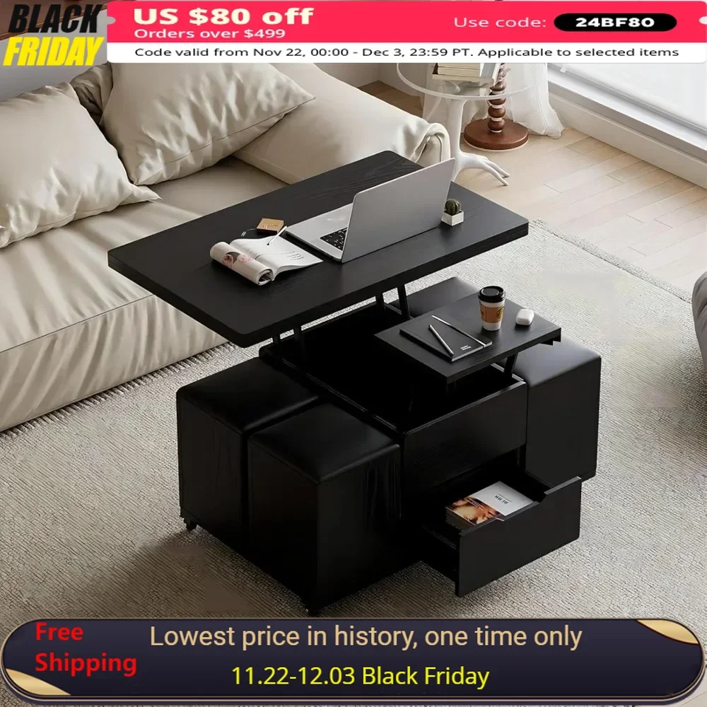 Coffee Table with Hidden Storage, Multifunctional 3-in-1 Tables with 4 Stools and Lockable Wheels, Lift-Top Coffee Table