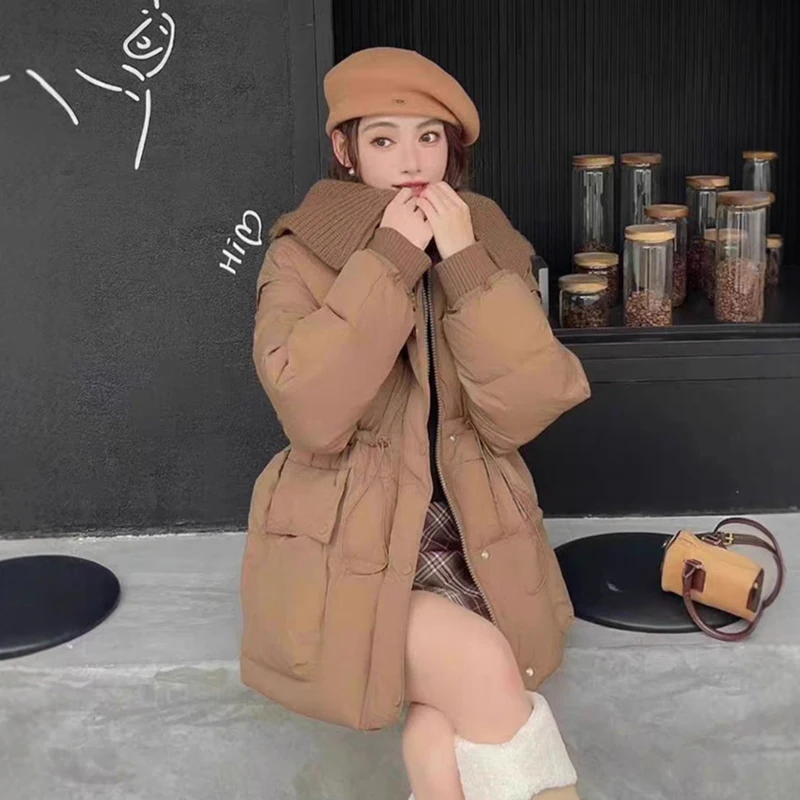 

Вязаная зимняя куртка средней длины с лацканами, женская толстая теплая куртка на шнурке, женская куртка на белом утином пуху с карманами, верхняя одежда Parker