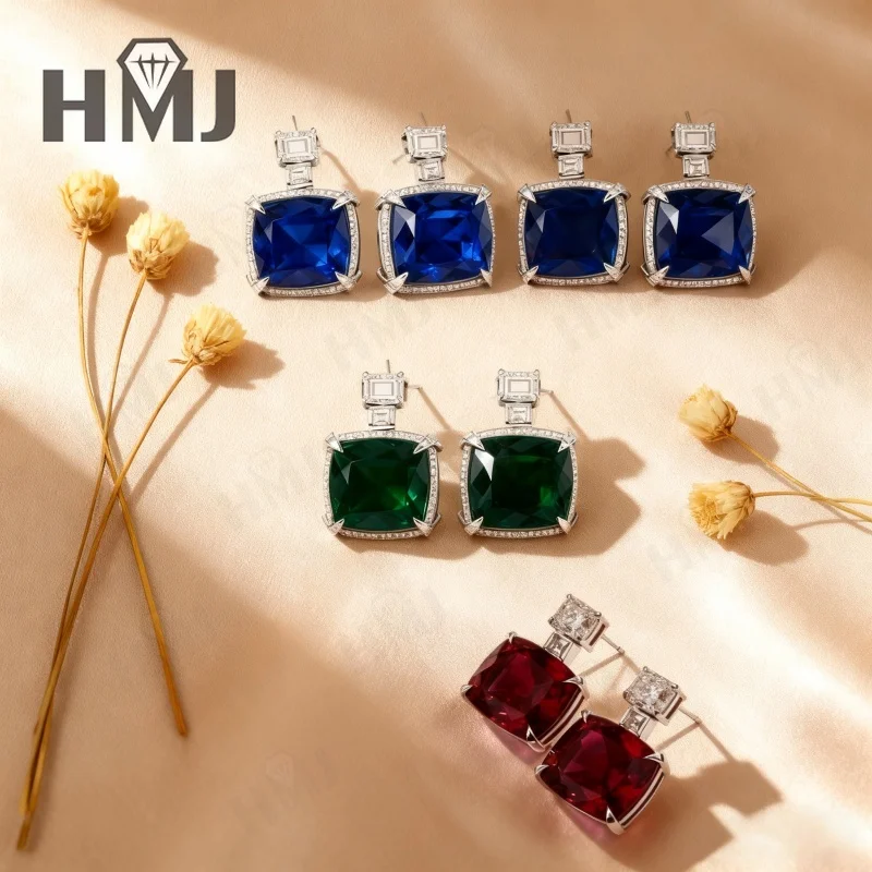 

Elegant Elongated Cushion Cut Earrings with Ruby Sapphire and Lab Grown Zambian Emerald tonesHigh End Jewelry Gift for Women