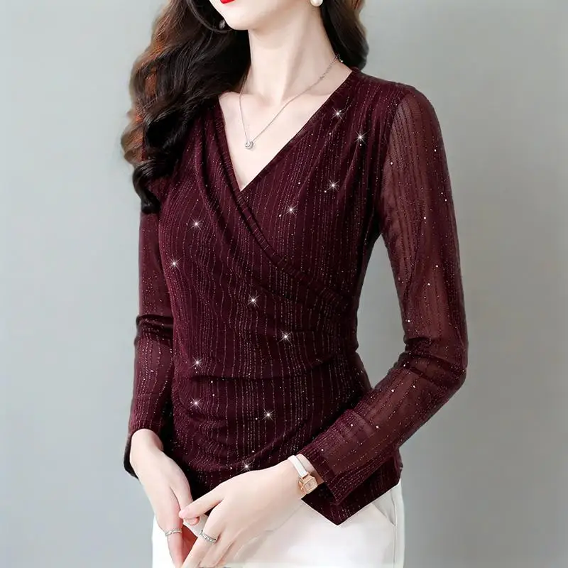

Women's Cross V-Neck Sparkly Mesh Blouse 2026 Spring Fall Slim-Fit Tops Vintage Female Casual Shirts Basic Clothing