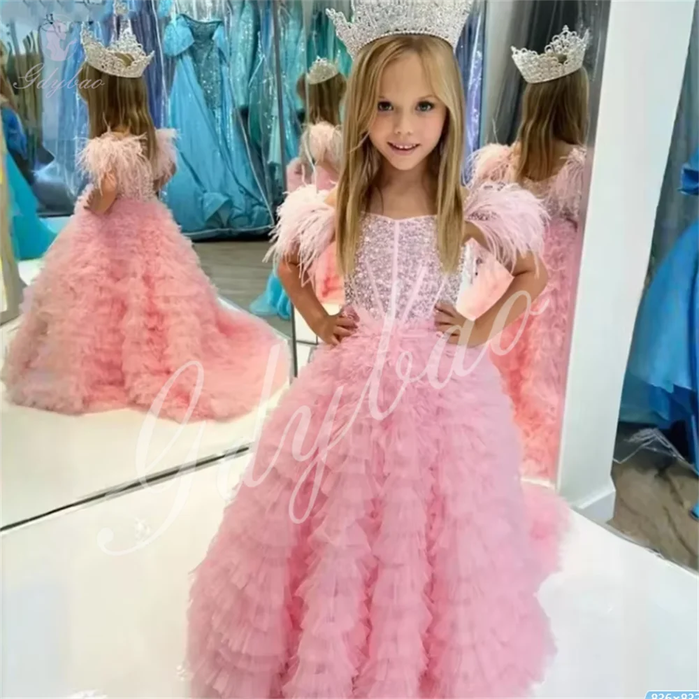 Feather Pink  Flower Girl Dresses Sequined Tulle With Trailing Little Girl's Birthday Tiered Tulle Kids Prom Pageant Dresses