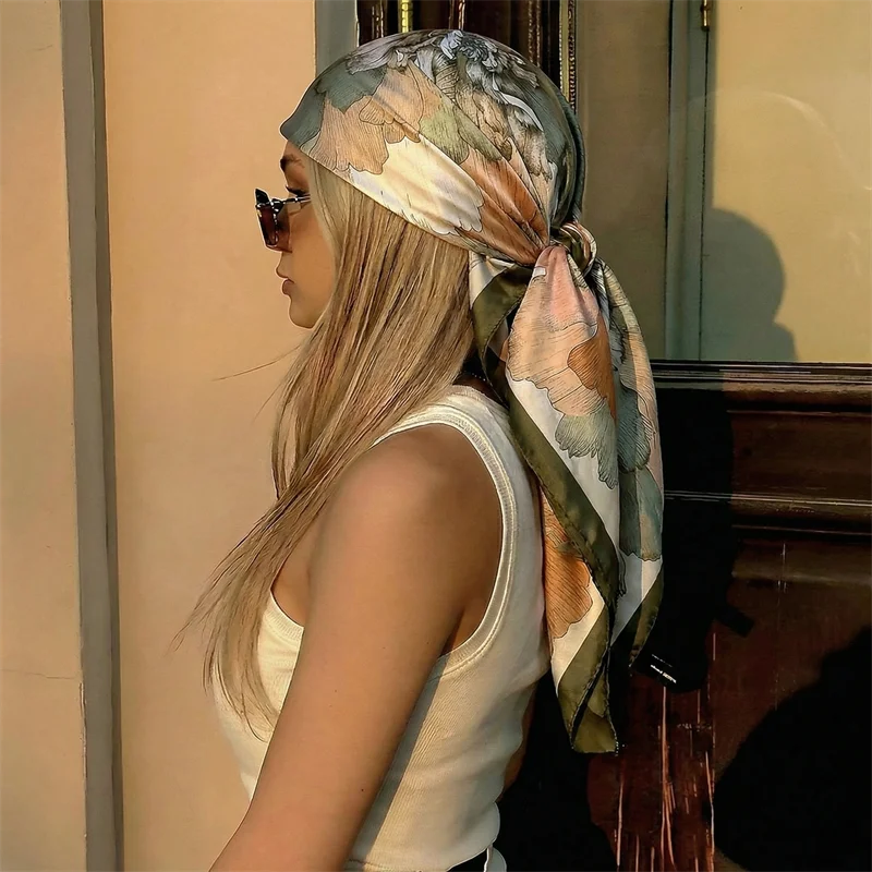 90 cm Seidenschal, quadratischer Schal für Damen, bedrucktes Stirnband, Foulard, Satin, Hijab, Haarbänder, Halstuch, Kopftücher für Damen, Bandana