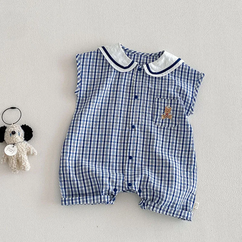 

MILANCEL New Summer Baby Rompers 3-24M Fashion Grid Infant Girls Jumpsuit Loose Thin Cartoon Bear Toddler Boys Clothes