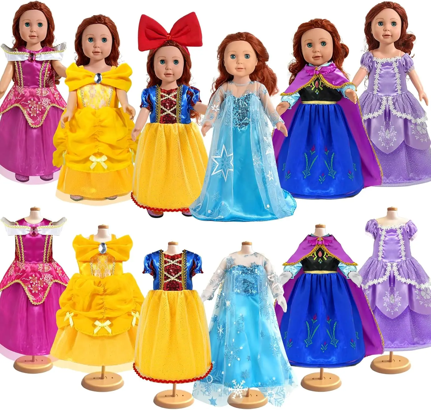 

18-Inch Princess Dress Set, 6 Handmade Doll Costumes with Tiaras, Universal Fit