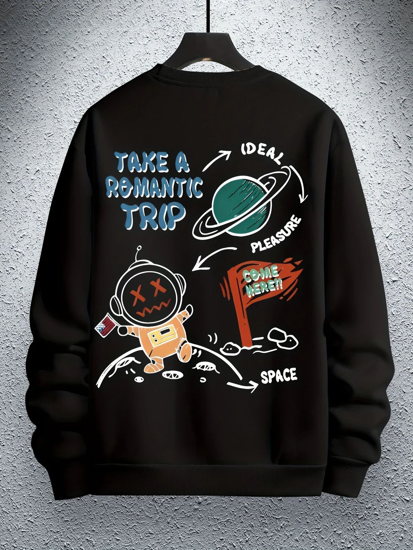 Herren-Sweatshirt mit Rundhalsausschnitt, langärmeliges Pullover-Modell mit Cartoon-Astronauten- und Planetenmuster, lässiger Streetwear-Sweatshirt mit lockerer Passform. – Detail 4