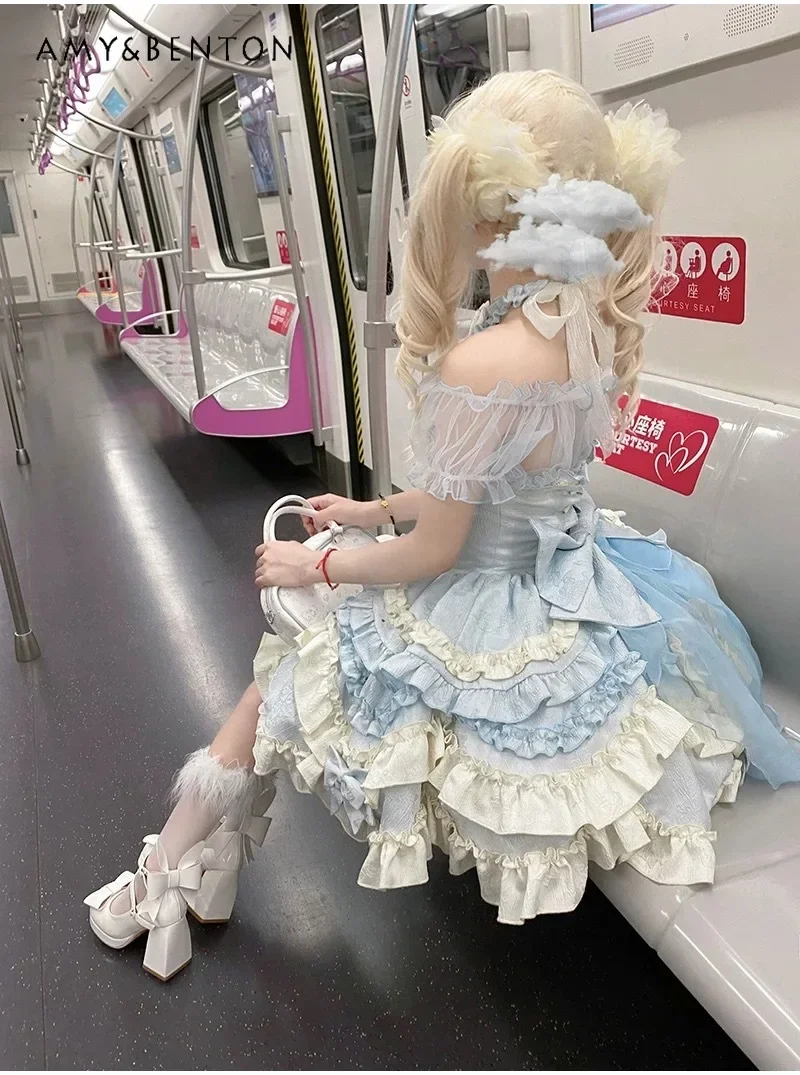 Doce diário lolita jsk princesa vestido de baile bonito arco tubo superior fino em camadas bolo vestido para mulheres gracioso vestido de festa verão