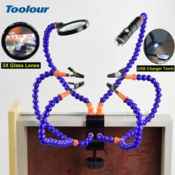 Toolour Helping Hands Soldering Tool Flexible Arms PCB Holder with 3X Magnifier, USB Charger Torch for Electronics Repair
