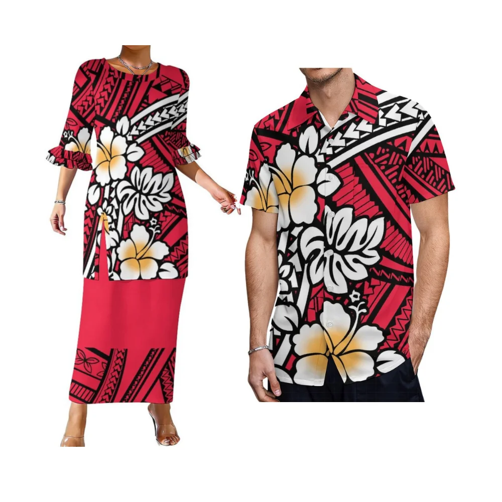 Summer Waist-Hugging Slit Double-Layered Ruffled Sleeve Women'S Suit Skirt Polynesian Custom Puletasi Couple Outfit Men'S Shirt