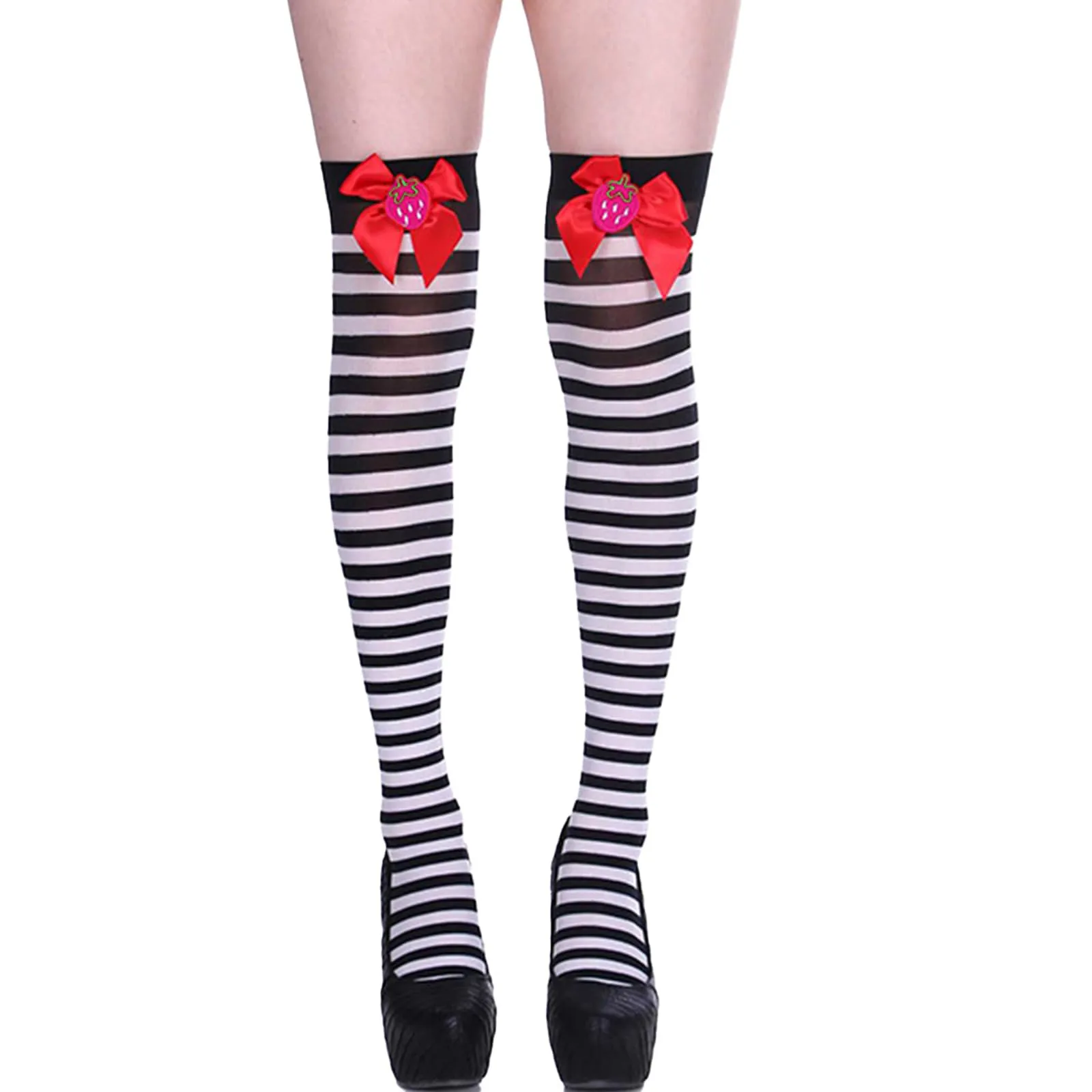 

Women Color Striped Thigh High Stockings Fashion Strawberry Bowknot Over Knee Socks Long Socks Sexy Slim Tight Stockings Hosiery