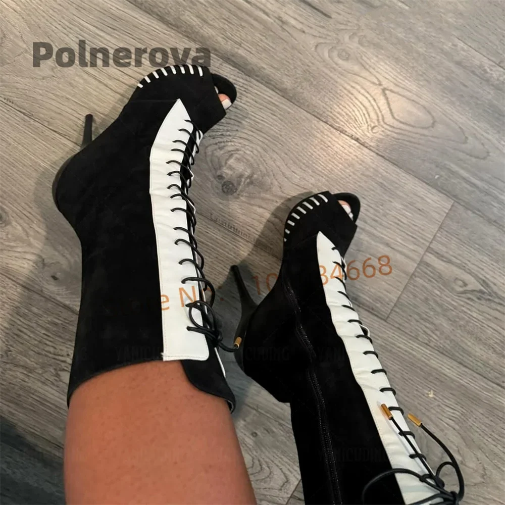 

Patchwork Platform Suede Boots Women Peep Toe Lace-Up Stiletto High Heels Summer Mid-Calf Boots Novelty Side Zip Party Shoes